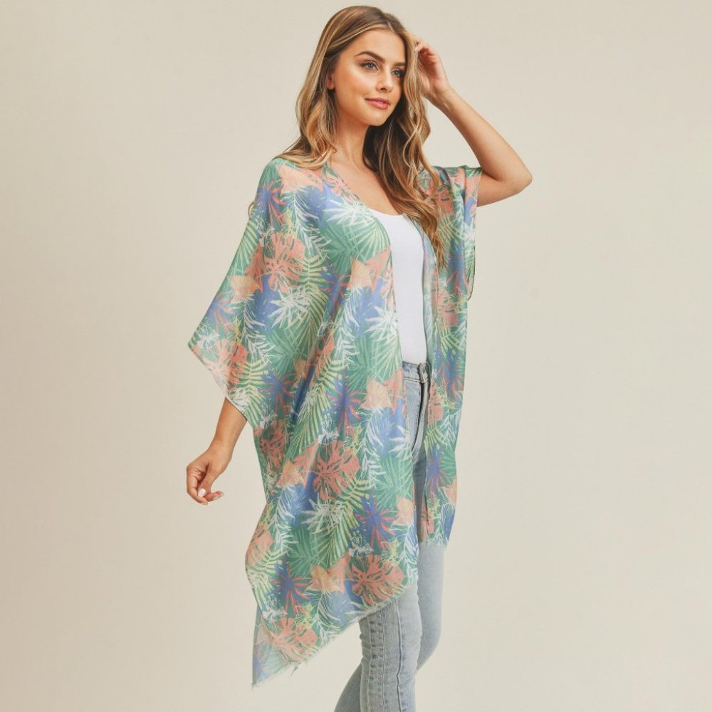 Lightweight Exotic Palm Leaf Kimono With Frayed Edges Green